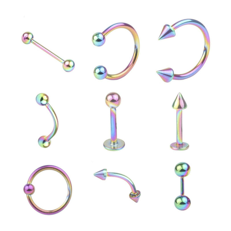 Set 9 ear rings, lips, nose, navel 316L titanium steel stainless