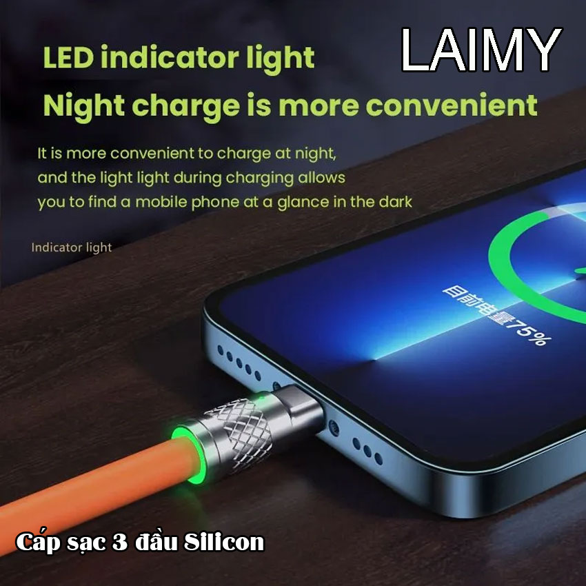 Cáp sạc 3 đầu silicon dùng cho Iphone lightning, type-C, micro - LAIMY