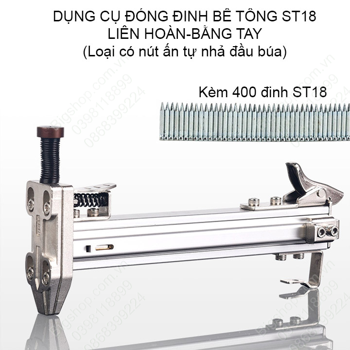 Dụng cụ đóng đinh bê tông liên hoàn kèm 400 đinh ST18 (Có nút ấn tự nhả đầu búa)