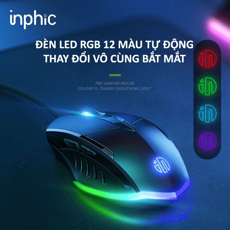 Chuột gaming máy tính có dây chống ồn silent click INPHIC PW1 đèn led 4 màu dành cho game thủ, văn phòng,...