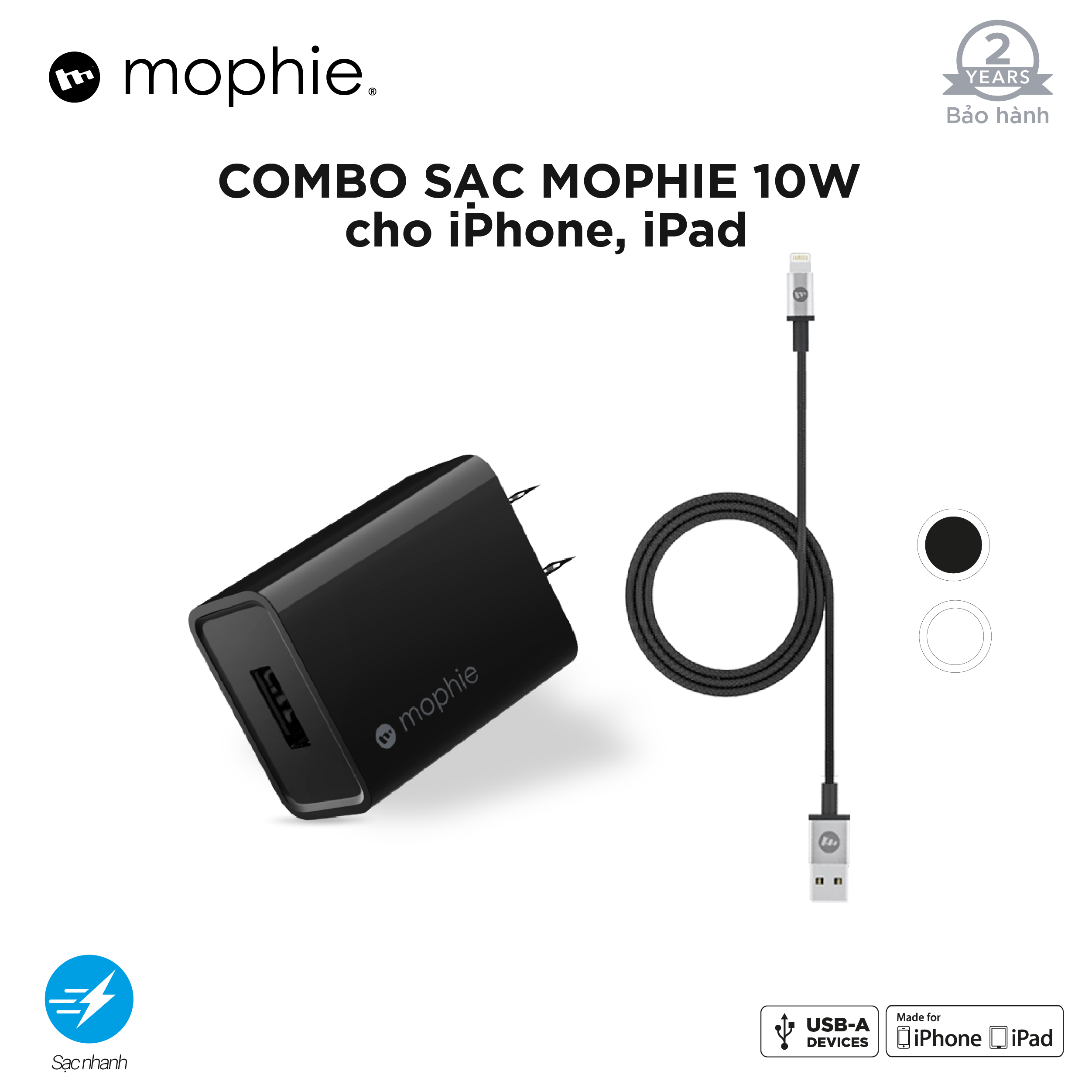 Combo sạc MOPHIE 10W cho IP/tablet táo(Sạc Mophie 10W USB-A + cáp Mophie 1m)