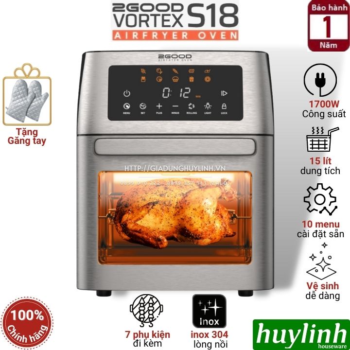 [Voucher 350k] Nồi chiên không dầu điện tử 2Good Vortex S20 - 14.5 lít - Tặng găng tay - 16 chức năng