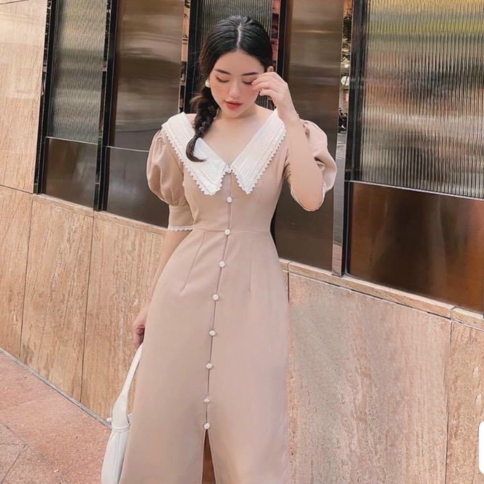 Đầm nút ngọc cổ trắng 2 màu