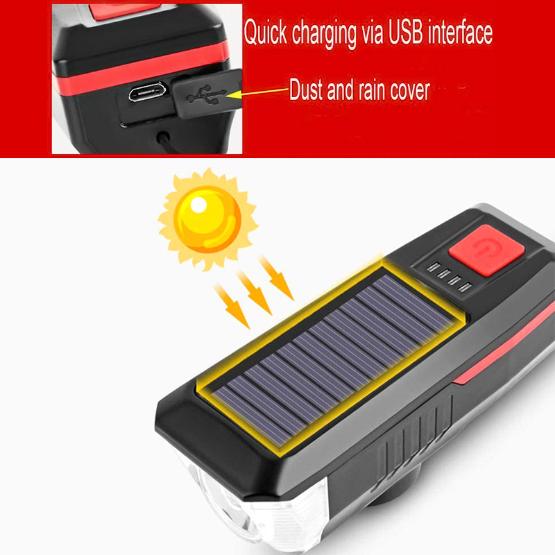 Front LED Mountain Bike Light 3 Modes Solar Charging Waterproof USB Rechargeable