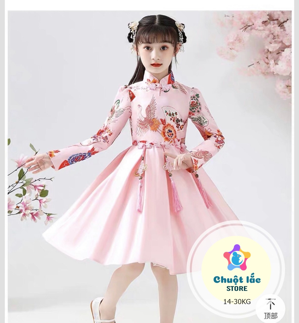 Váy đầm cho bé gái diện Lễ Tết chất gấm cao cấp hình hạc size đại cho bé từ 4 tuổi đến 10 tuổi( màu đỏ, hồng) Chuột Lắc Store