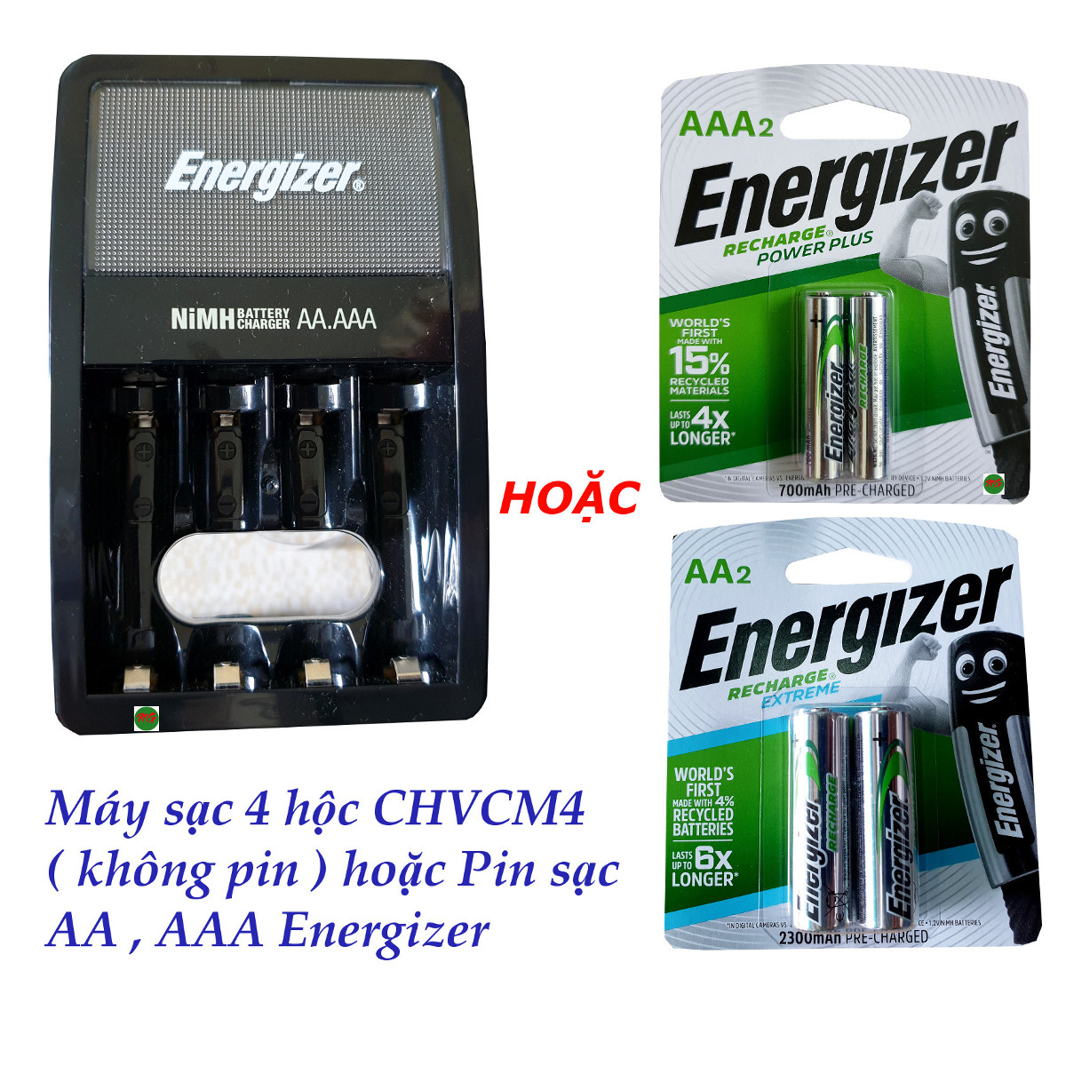 Máy sạc 4 hộc không pin  CHVCM4  và các loại pin sạc AA , AAA Energizer