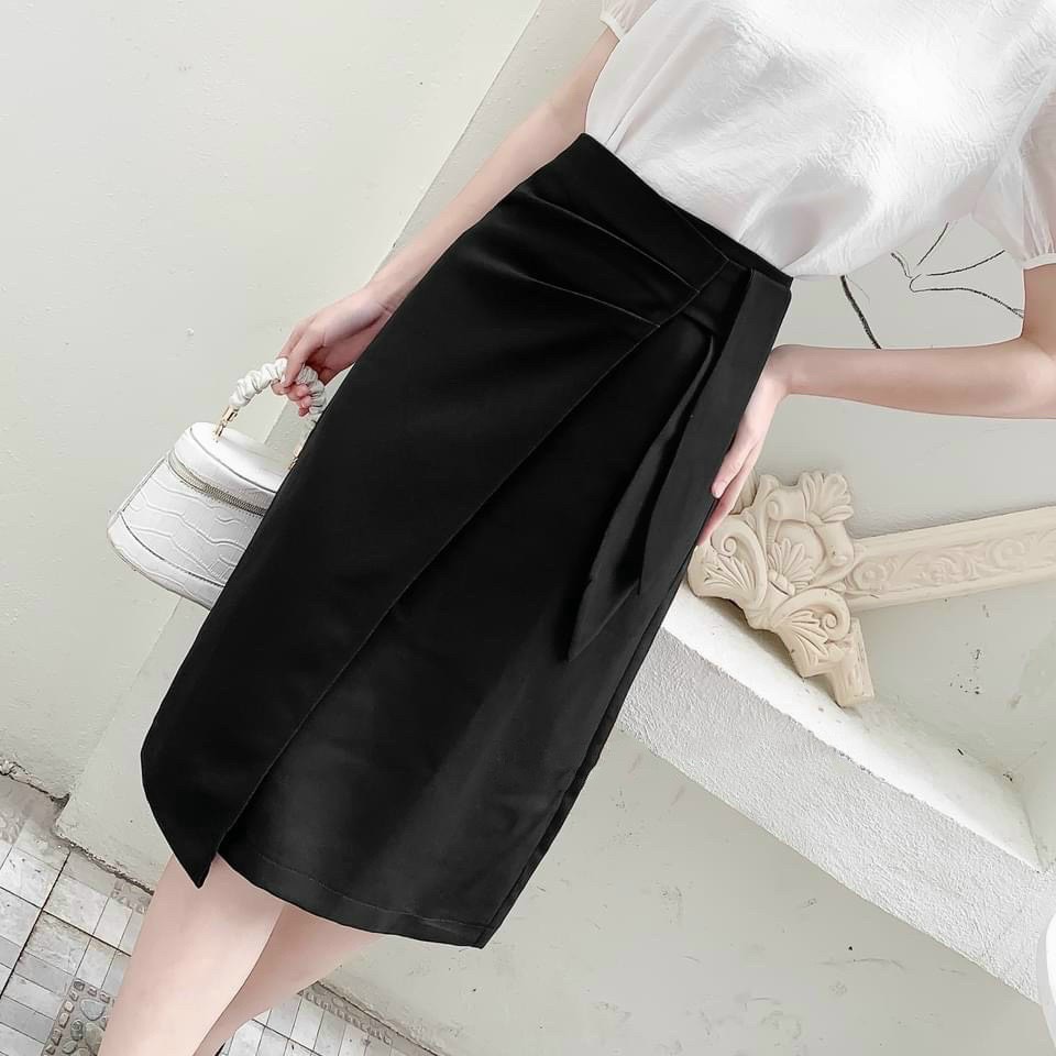 Chân Váy Midi Bút Chì Cạp Cao Vạt Bên 2 Màu
