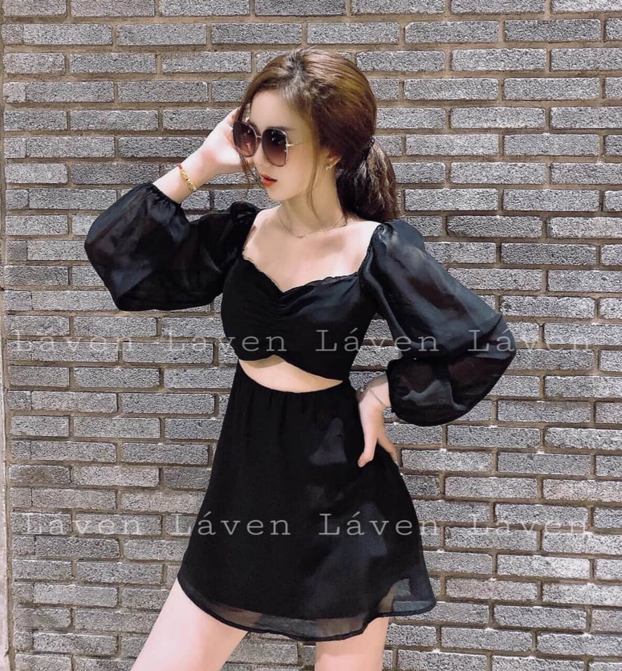 Đầm xòe voan tay phồng hở -bụng ( có mút ngực )
