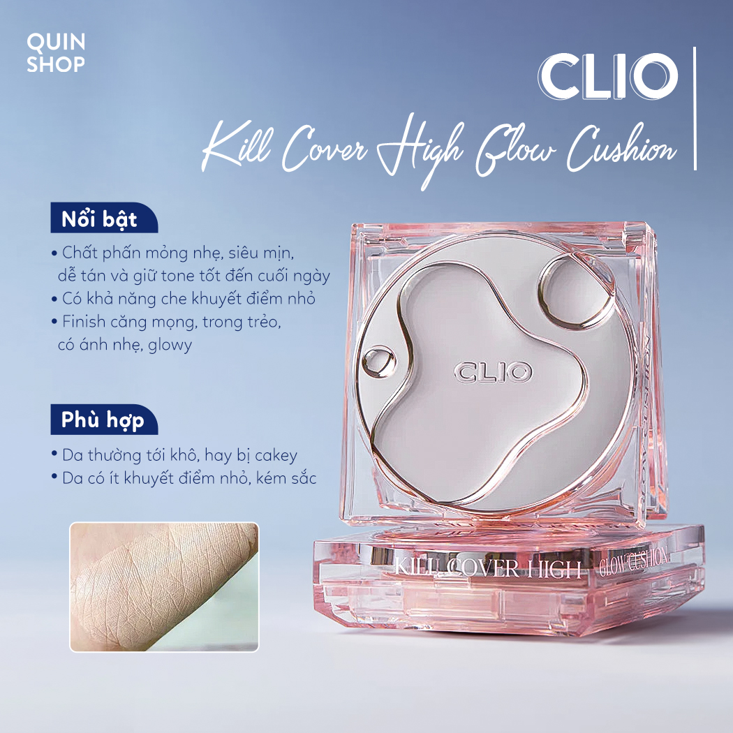 Phấn nước che khuyết điểm, căng bóng clio kill cover the new founwear, mesh, high glow cushion spf 50+ pa++++