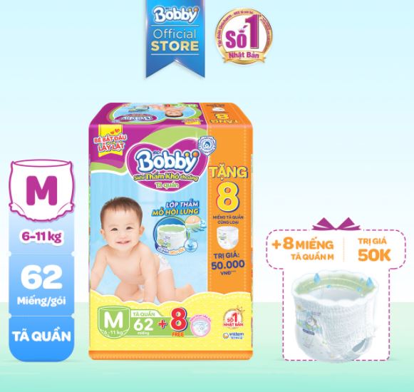 Bỉm quần Bobby siêu thấm khô thoáng M62+8 miếng (6-10kg)