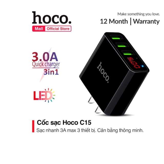 Củ sạc nhanh Hoco C15 3 cổng sạc nhanh 3.0A có đèn Led báo sạc thông minh