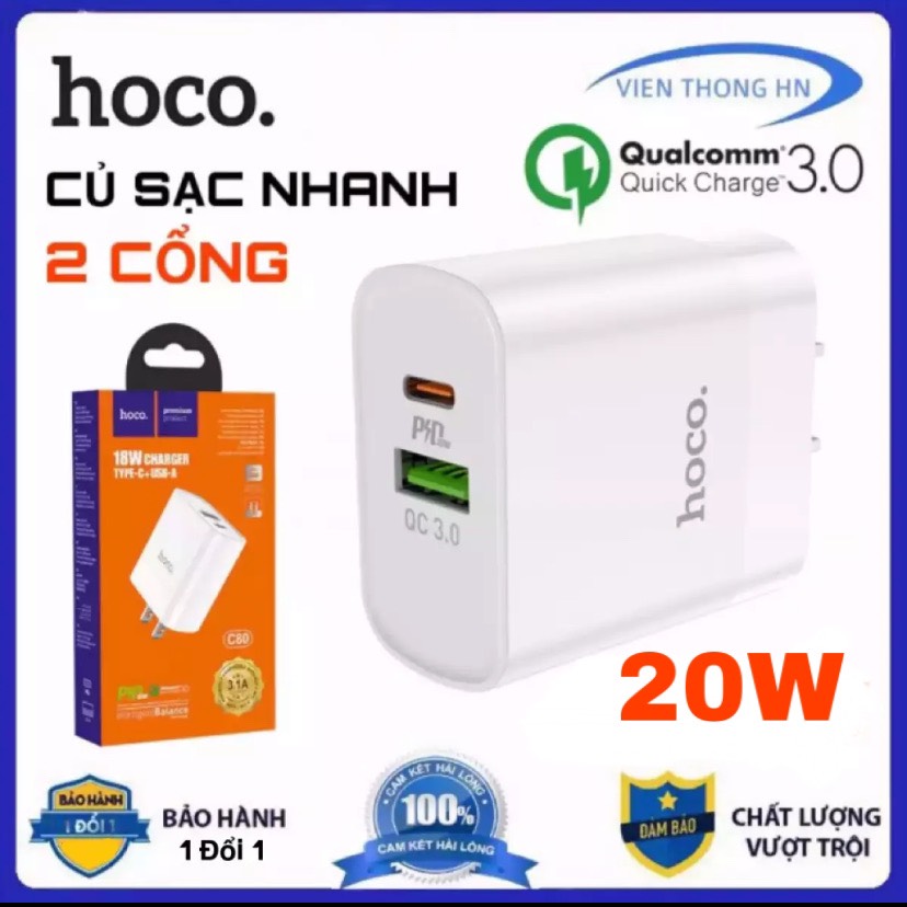 Củ sạc nhanh hoco c80 2 cổng sạc PD 20w QC3.0 - cốc sạc chống cháy nổ quick changre 3.0 cho iphone samsung...vv