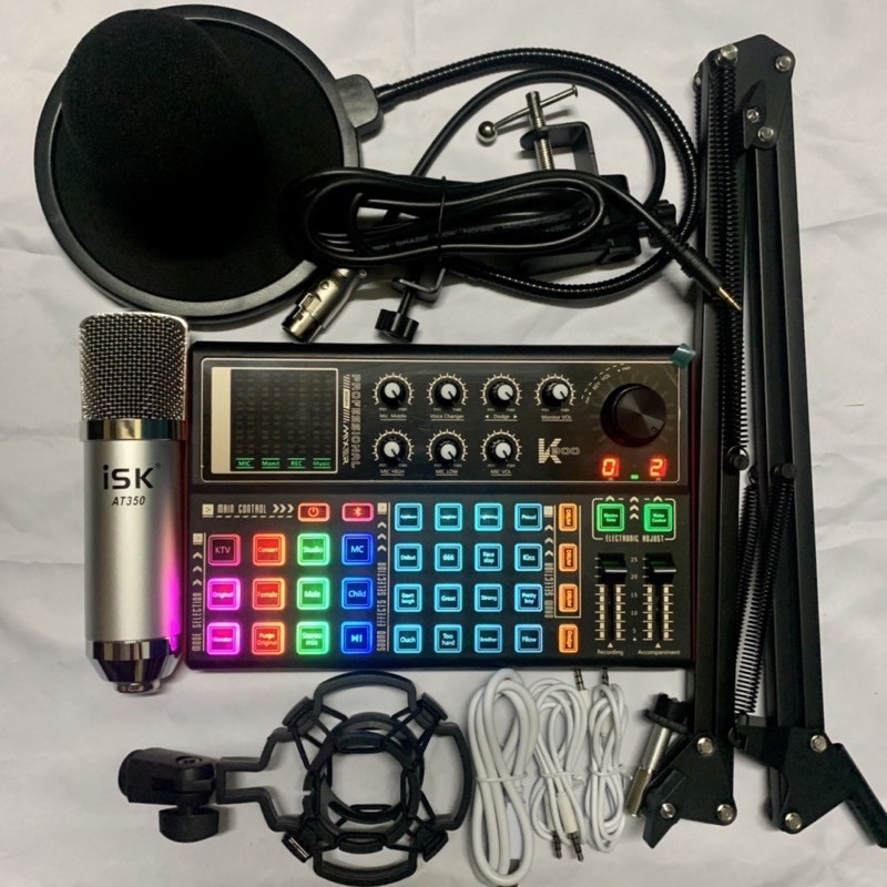 Bộ Mic Hát Thu Âm Livestream ISK AT350-Soad Card K300+chân kẹp màng lọc dây kết nối đầy đủ