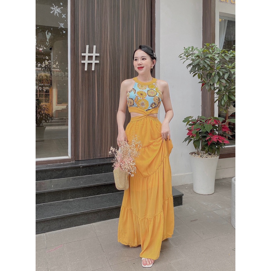 Đầm maxi đi biển phối thổ cẩm xoè