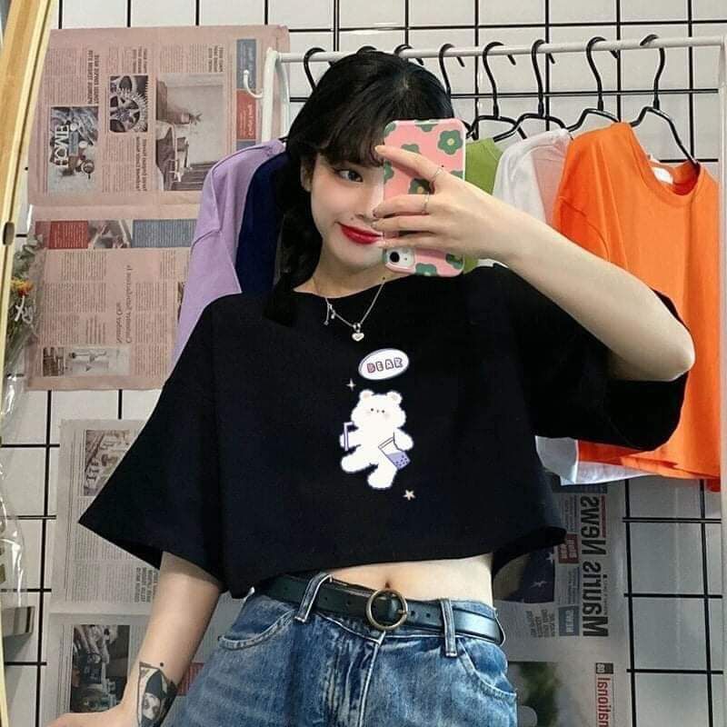 [HCM]Áo croptop tay lỡ bear xinh xắn