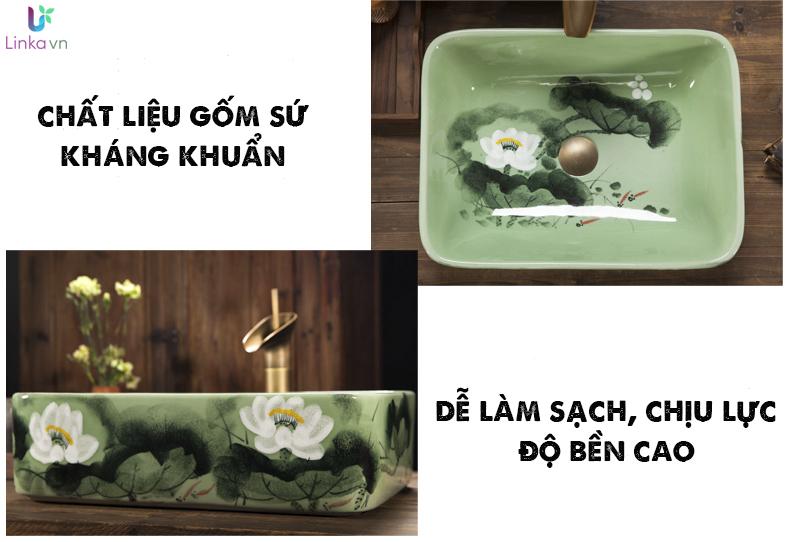 Chậu rửa lavabo LAV0057 gốm sứ men xanh cao cấp – Họa tiết hoa sen trắng trang nhã