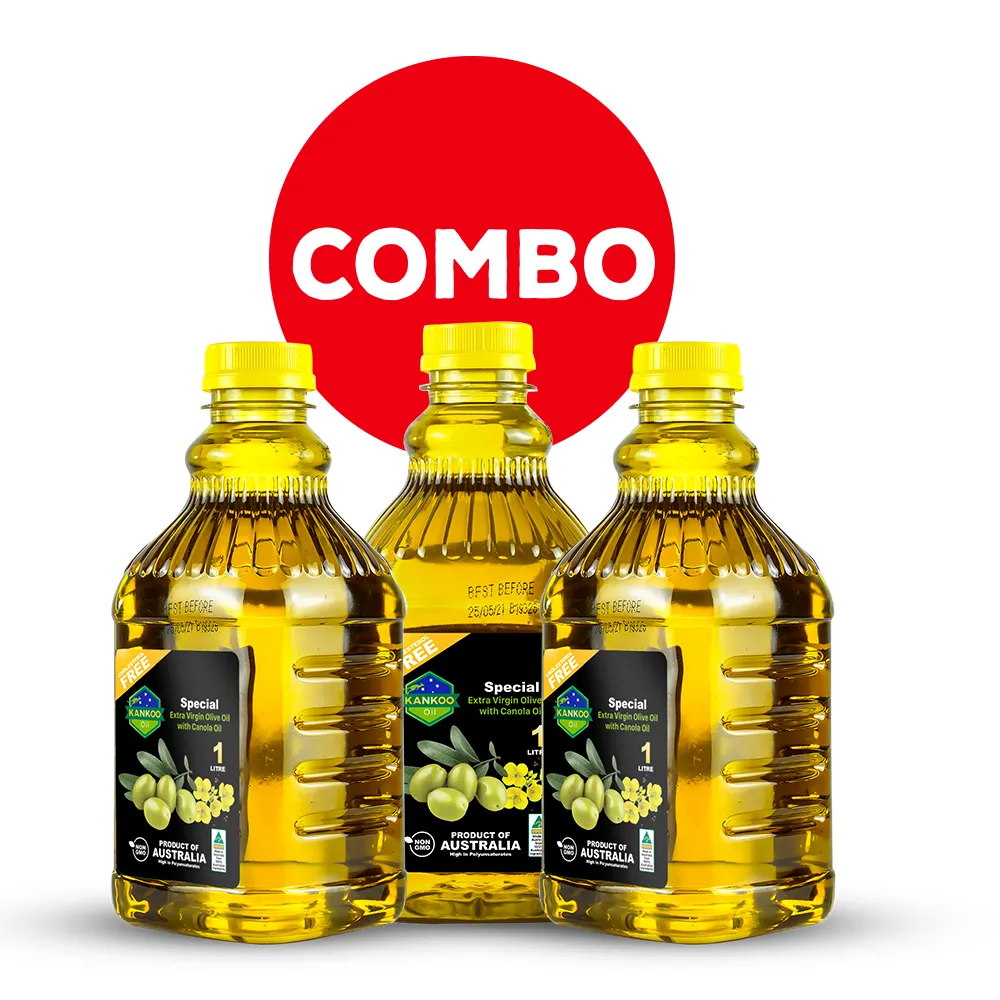 [Combo 3 chai 1 lít] Dầu Oliu Hạt Cải Extra Virgin Olive Oil with Canola Oil hãng Kankoo nhập khẩu chính hãng từ Úc - dùng cho các món trộn salad, chiên, xào, an toàn cho sức khỏe cả gia đình