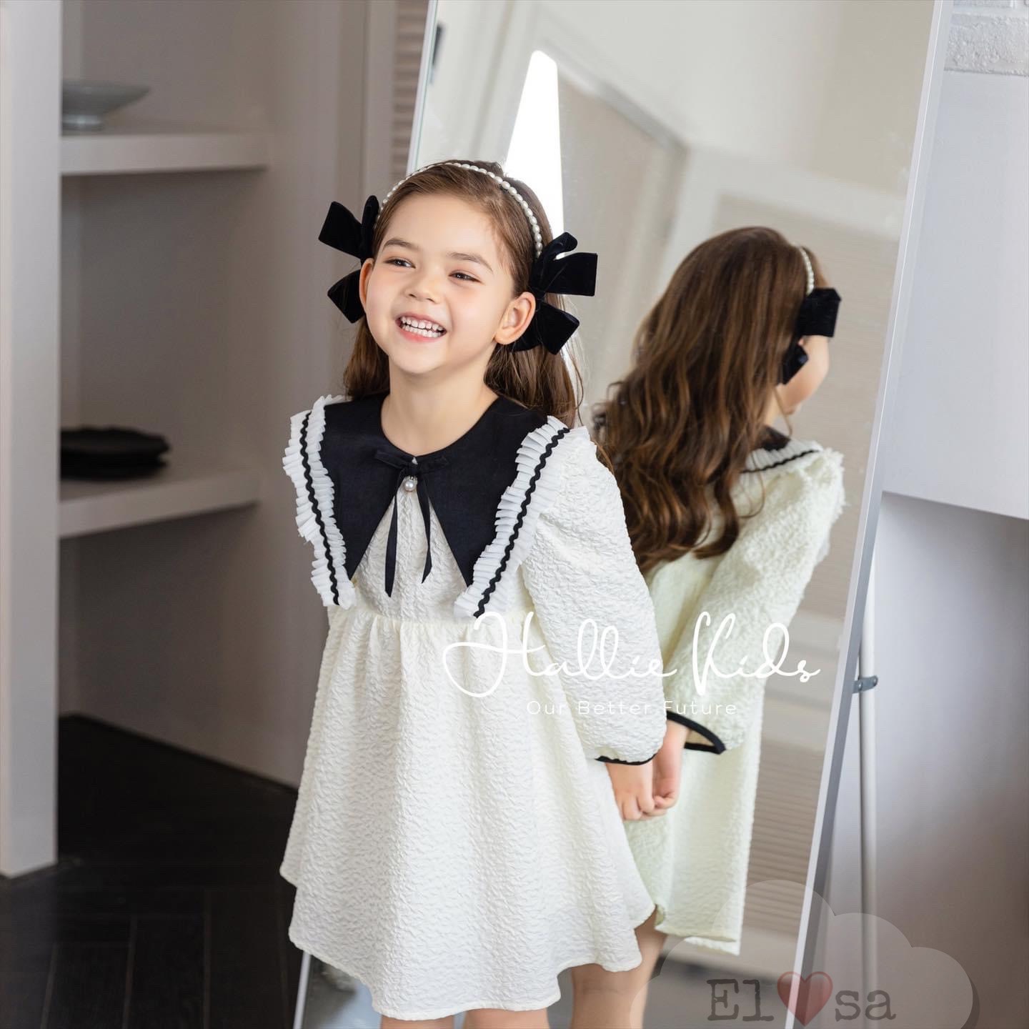 Váy bé gái - Váy gấm trắng cổ viền dập ly tiểu thư siêu xinh cho bé 1-7 Tuổi