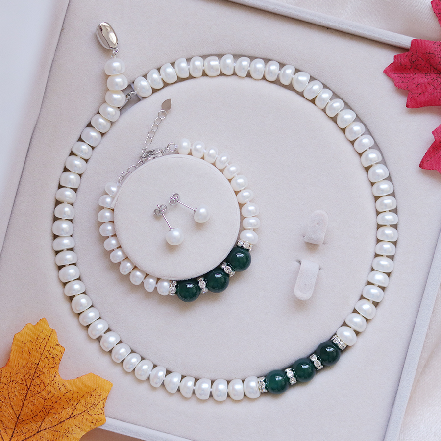 Chuỗi Ngọc Trai Truyền Thống Cho Mẹ, Chuỗi vòng cổ ngọc trai 2 món cỡ hạt 9 ly có xen hạt đá mã - DB0810 - Bảo Ngọc Jewelry