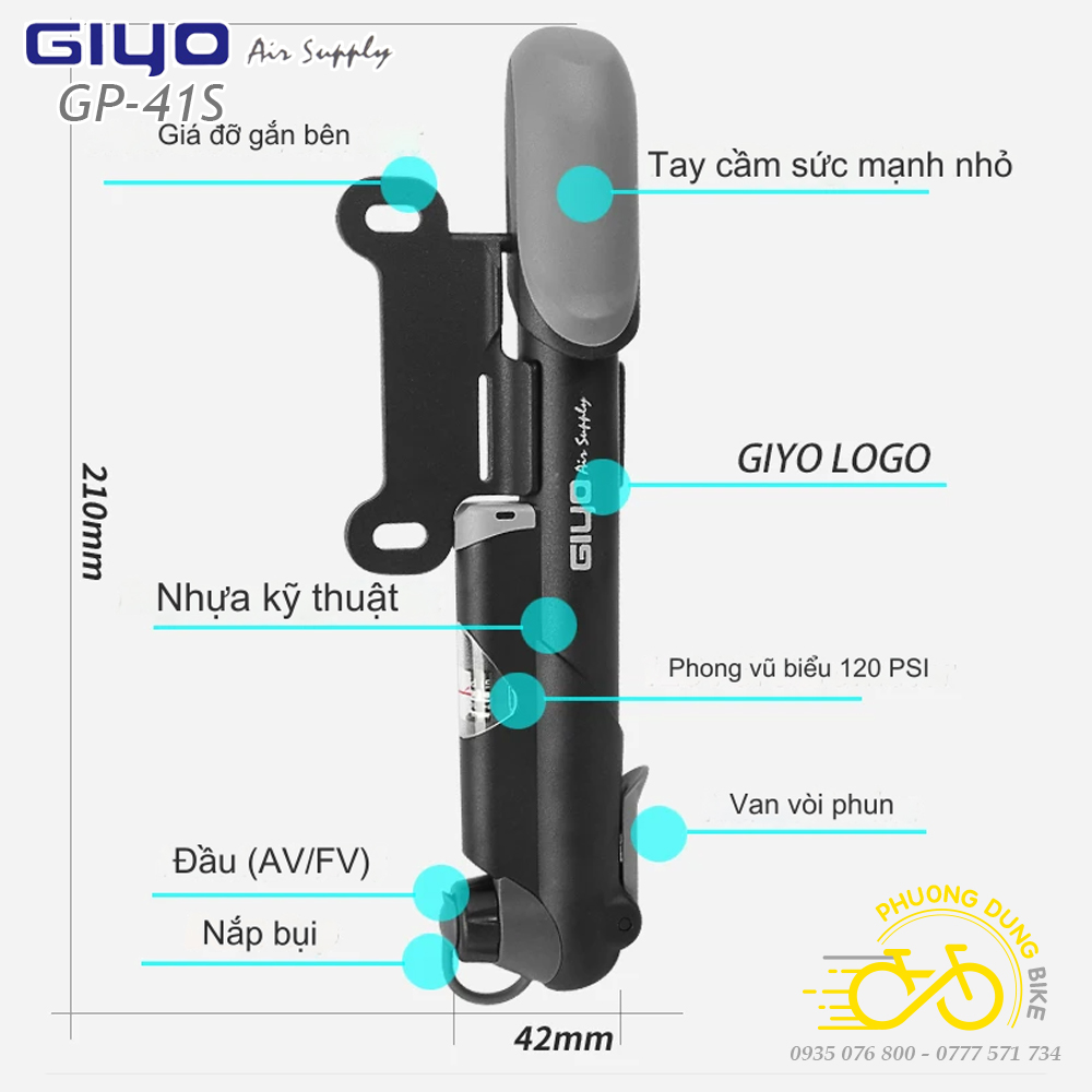Bơm mini xe đạp GIYO GP-41S có đồng hồ áp suất