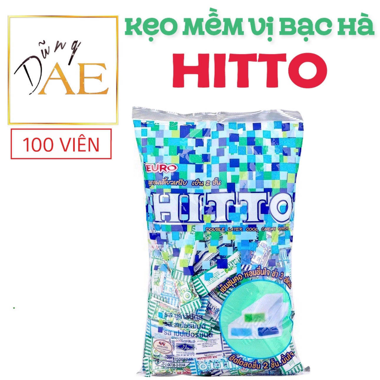 Kẹo mềm hitto vị bạc hà thái lan chính gốc - hitto double layer cool chewy candy gói 40 viên