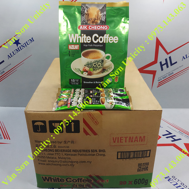 Thùng Cà phê trắng vị Hạt Phỉ (Hazelnut) Aik Cheong 20 bịch 600g (15 gói dài x 40g)