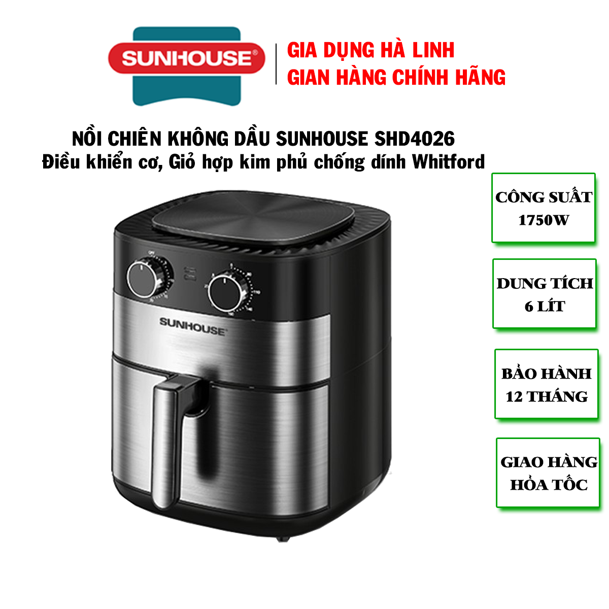 Nồi chiên không dầu Sunhouse SHD4026 - Nồi chiên dung tích 6 lít, Công nghệ Rapid Air, Giảm đến 80%...