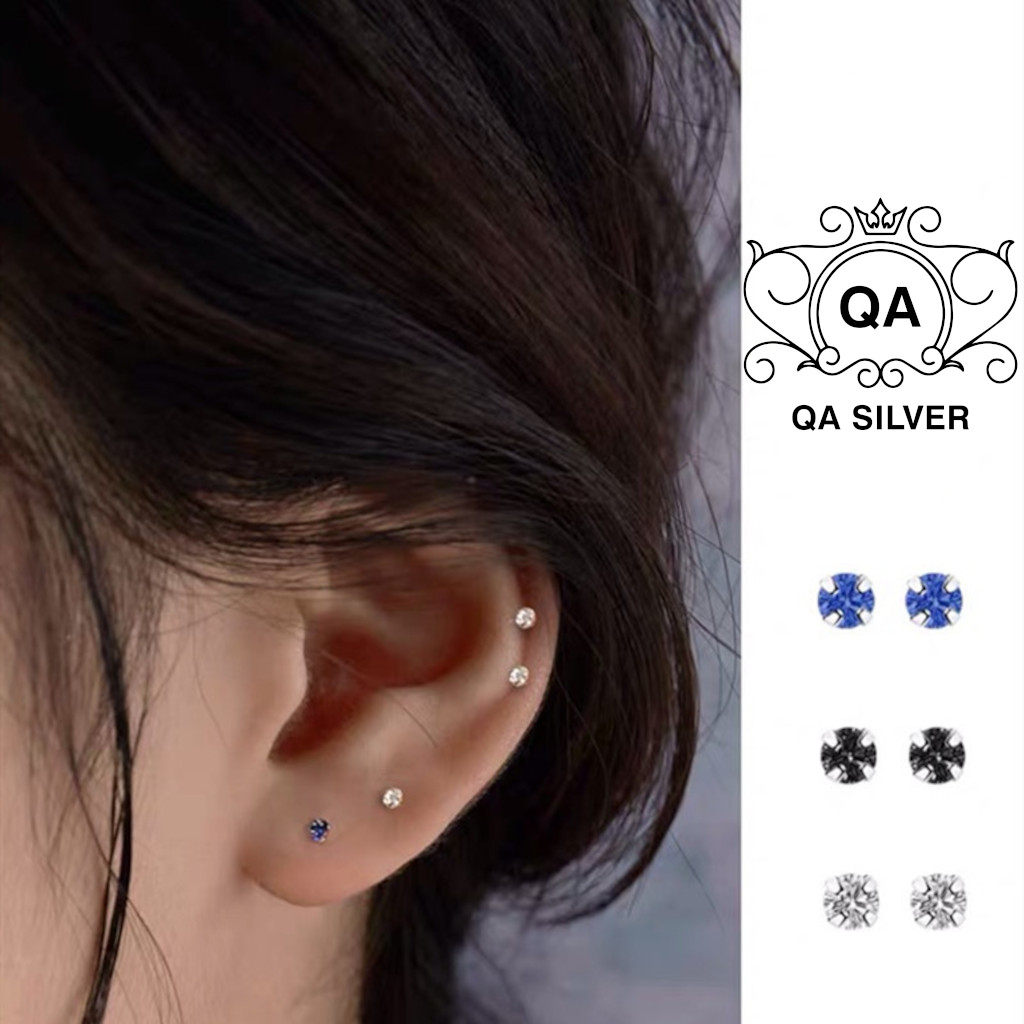 Bông tai bạc 925 nụ đá nhỏ nam nữ 4 chấu khuyên mini trắng đen xanh S925 MINIMAL QA SILVER Earrings EA200603