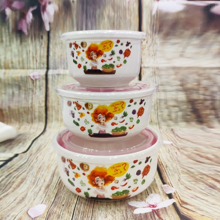 [HCM]bộ 3 thố sứ có nắp - bộ 3 hộp cơm