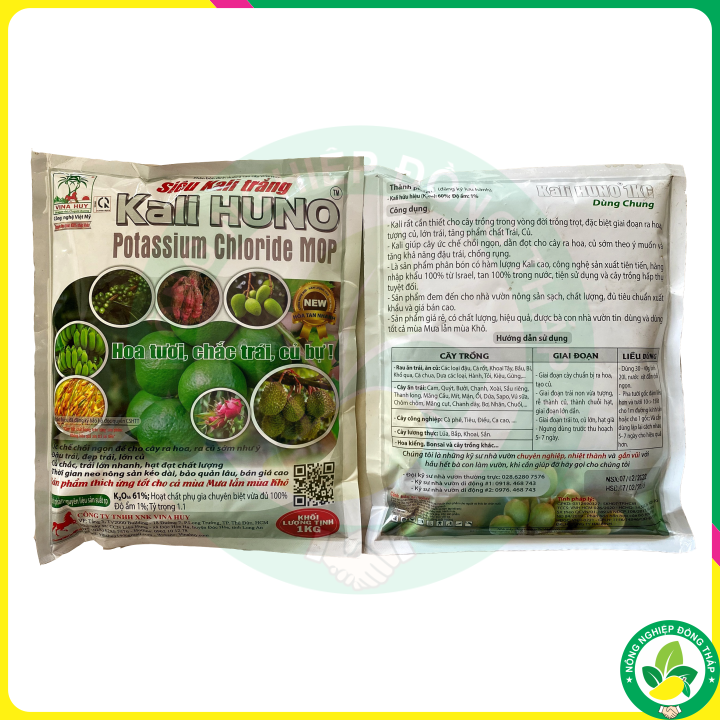 Siêu Kali trắng Kali HUNO Potassium Chloride M0P – Hoa Tươi, Chắc Trái, Củ Bự (Gói 1kg)