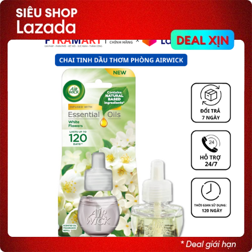 Chai tinh dầu cắm điện Air Wick Refill AWK2311 White Flowers 19ml (Hương hoa nhài, hoa lan trắng) hoàn toàn từ thiên nhiên, tinh chế dạng nước hoa cao cấp giúp thơm phòng mang đến không gian sống đẳng cấp