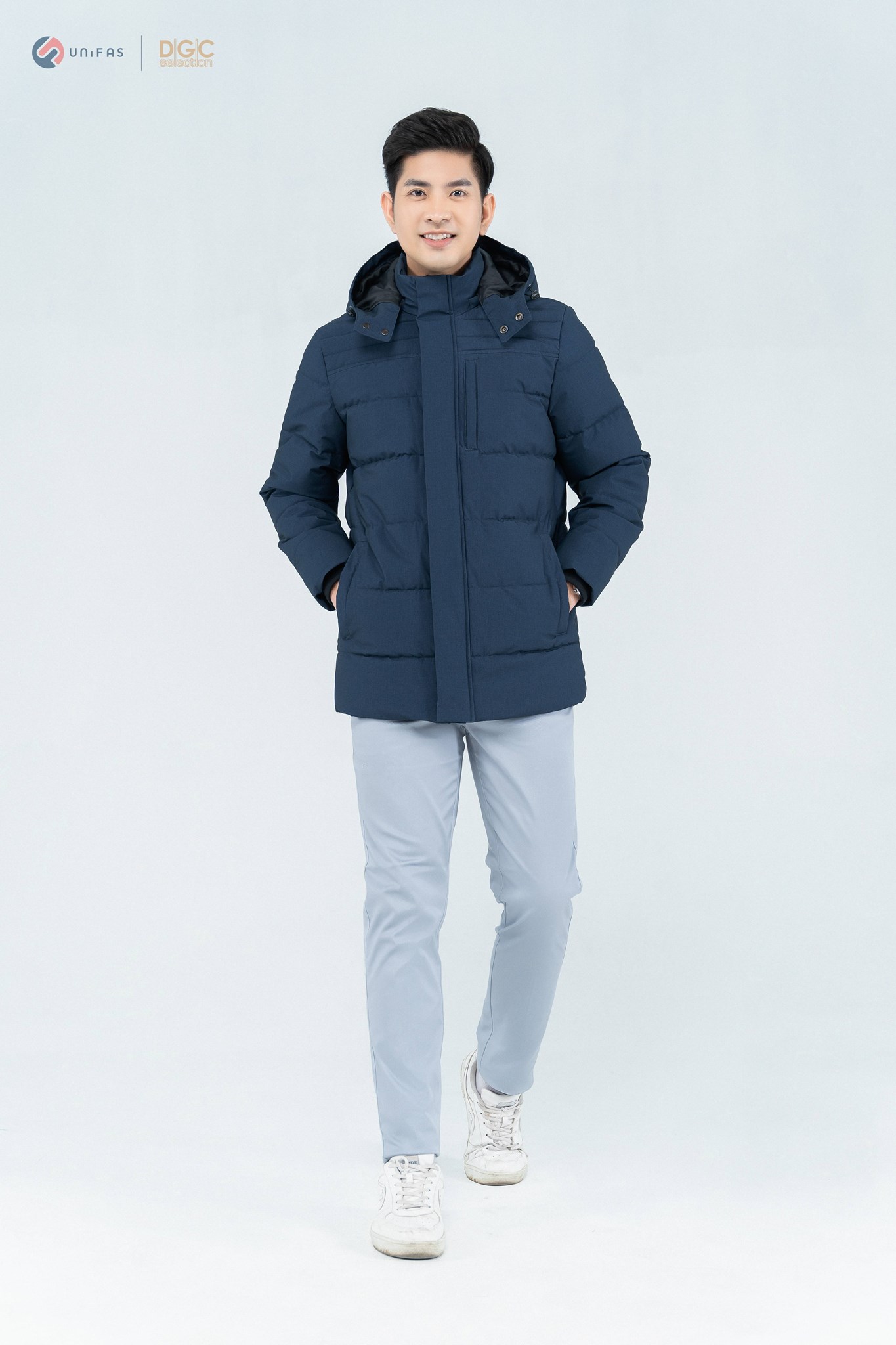 Áo jacket nam3 lớp dgcs - áo phao 3 lớp chần bông dáng lửng, nẹp che khóa và túi ngực trái - wajkbb14m