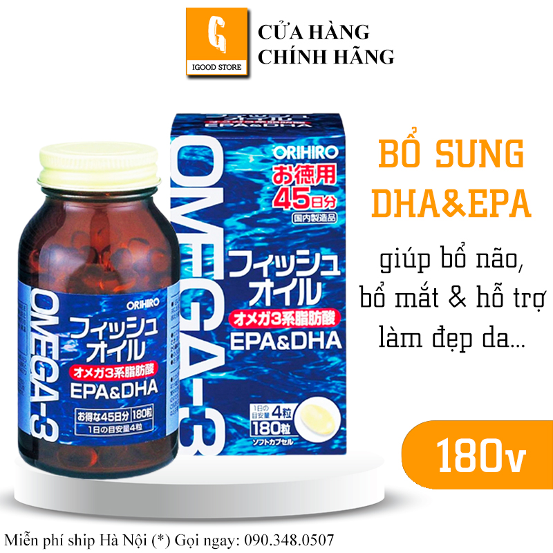 Dầu cá omega 3 orihiro fish oil, omega 3 epa & dha orihiro nhật bản hộp 180 viên
