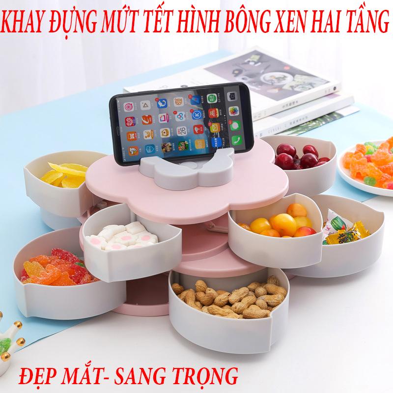 Mua khay đựng mứt tết hình bông sen 2 tầng cao cấp có rãnh đựng điện thoại siêu tiện lợi khay đựng mứt xoay 360 độ hình hoa năm cánh chất liệu nhựa lúa mạch an toàn