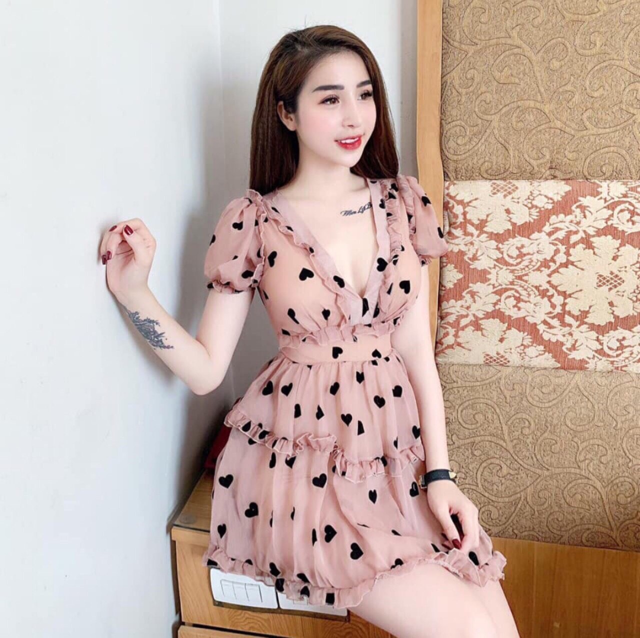 [HCM]Đầm Bánh Bèo In trái tim nhỏ dễ thương