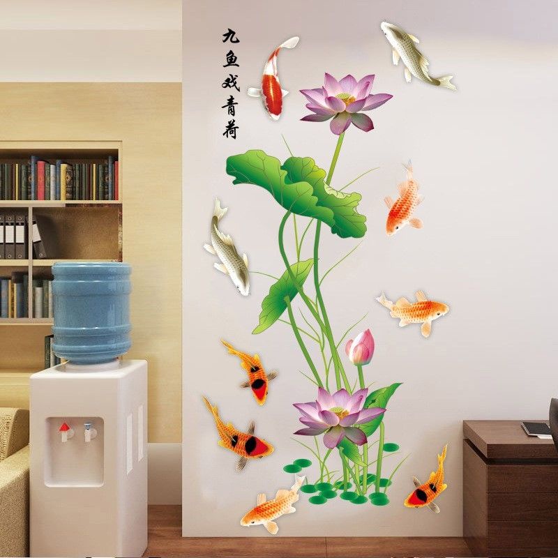 Decal dán tường cá chép hoa sen