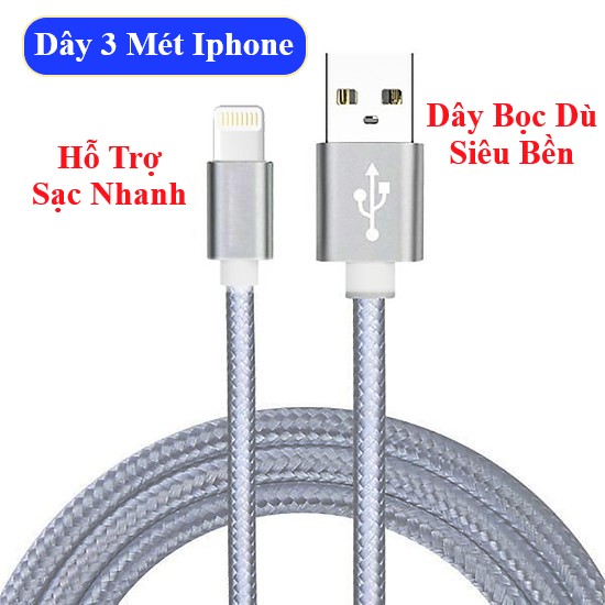 Dây sạc iphone 3m, dây sạc ip sạc nhanh bọc dù siêu bền dài 3 mét mystore247