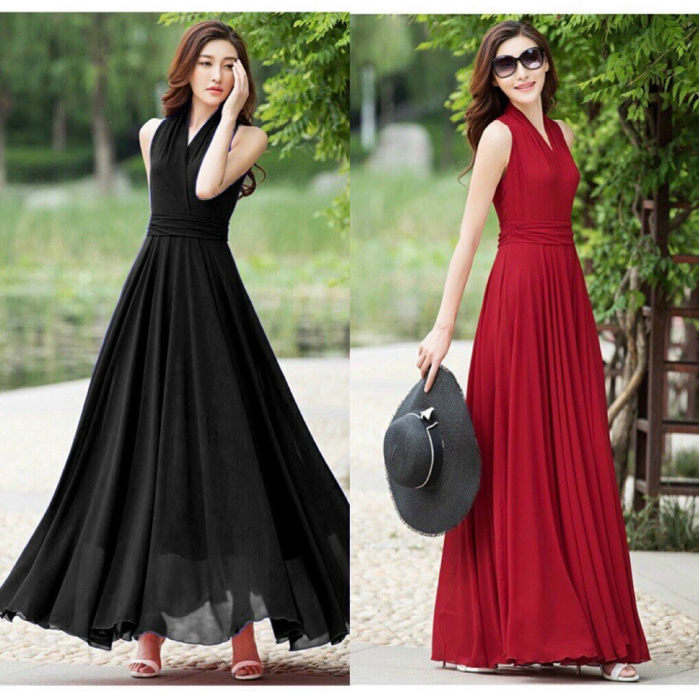 đầm maxi dài đỏ-đen cổ v sang trọng