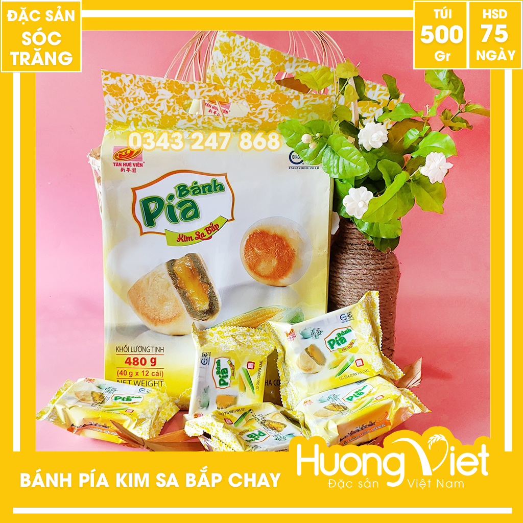 Bánh pía kim sa bắp Tân Huê Viên 12 bánh, bánh pía kim sa chay nhân bắp tan chảy