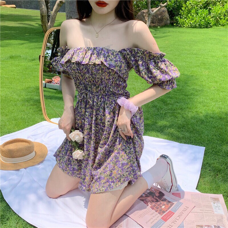 Đầm Lụa Xòe  Hoa Nhí Trễ Vai Gợi Cảm TTSA0544
