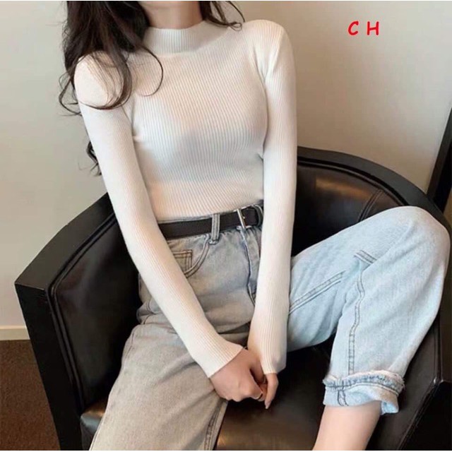 Áo Len Nữ vải tăm giữ nhiệt cổ 3 phân form ôm