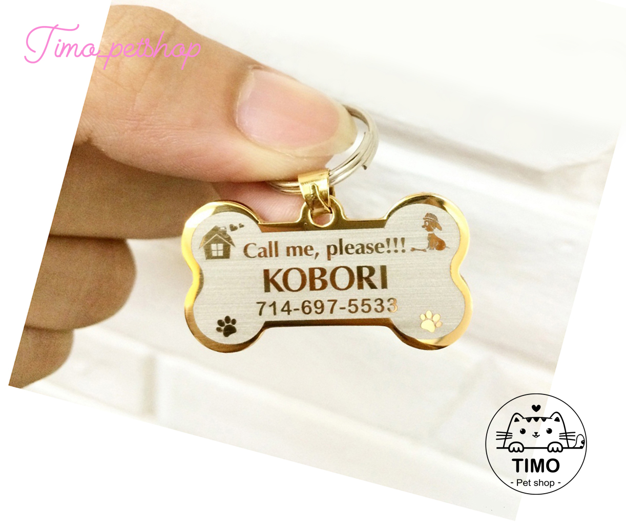 Thẻ tên Thú cưng - Inox chữ vàng (Tặng kèm chuông)