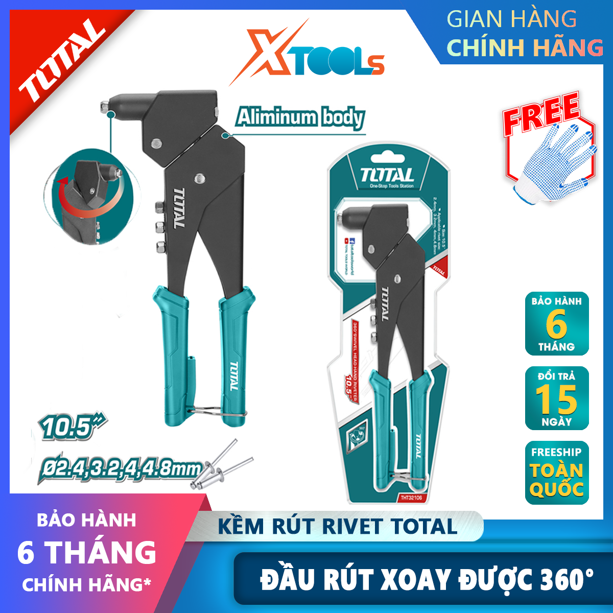 Pliers pull rivet total THT32106 | nippers pull rivet size 10.5 inch | size nose retract 2.4mm, 3.2mm, 4mm, 4.8mm | Steel Material + aluminum genuine
