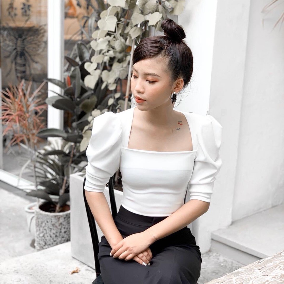 [Ảnh thật] Áo cổ vuông tay phồng thanh lịch