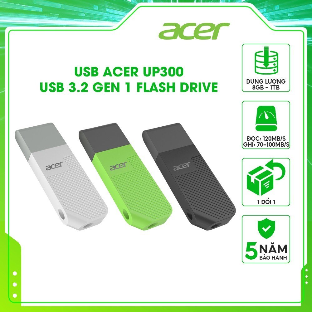 [GIÁ CHỈ 85K]  USB Acer UP300 tốc độ đọc/ghi lên đến 120 MB/s USB 3.2 Gen 1 - Hàng chính hãng bảo hành 5 năm - Thiết bị lưu trữ USB dung lượng 8GB | 16GB | 32GB | 64GB | 128GB | 256GB | 512GB | 1TB