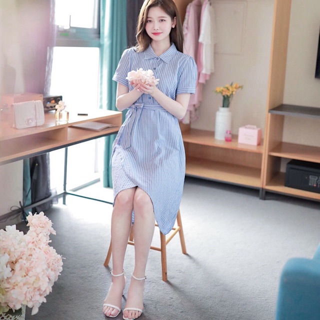 [HCM]Đầm sọc xanh xẻ tùng