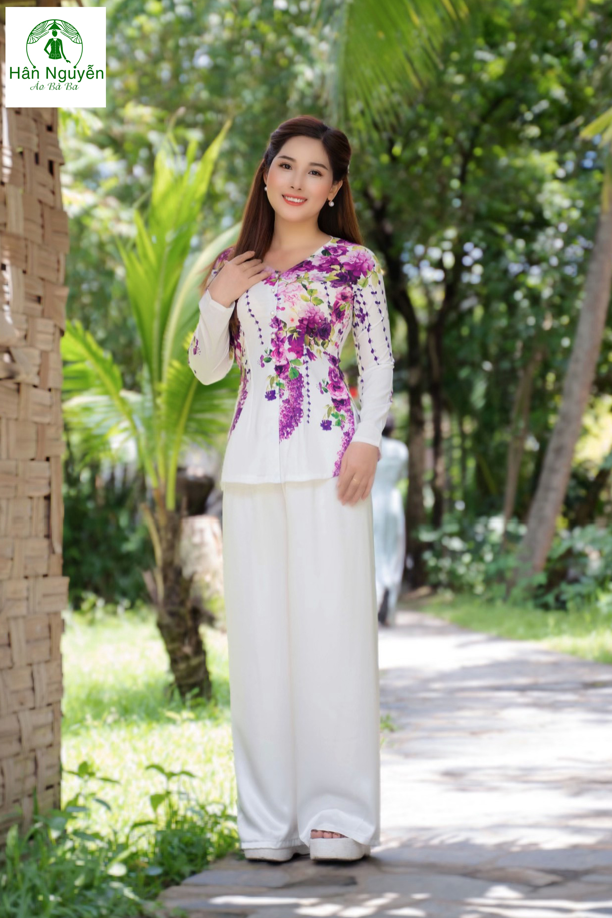 B.A48 - Áo Bà Ba Lụa In Bông Tím (áo lẻ)