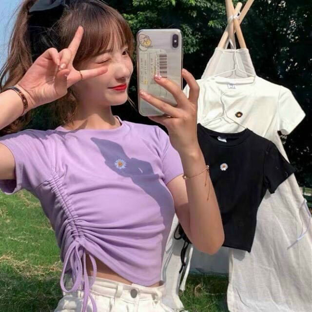 CROPTOP ÁO THUN NHỎ THÊU HOA CÚC ÁO THUN CỔ TRÒN TAY NGẮN ÁO THUN BORIP ĐẸP GIÁ RẺ