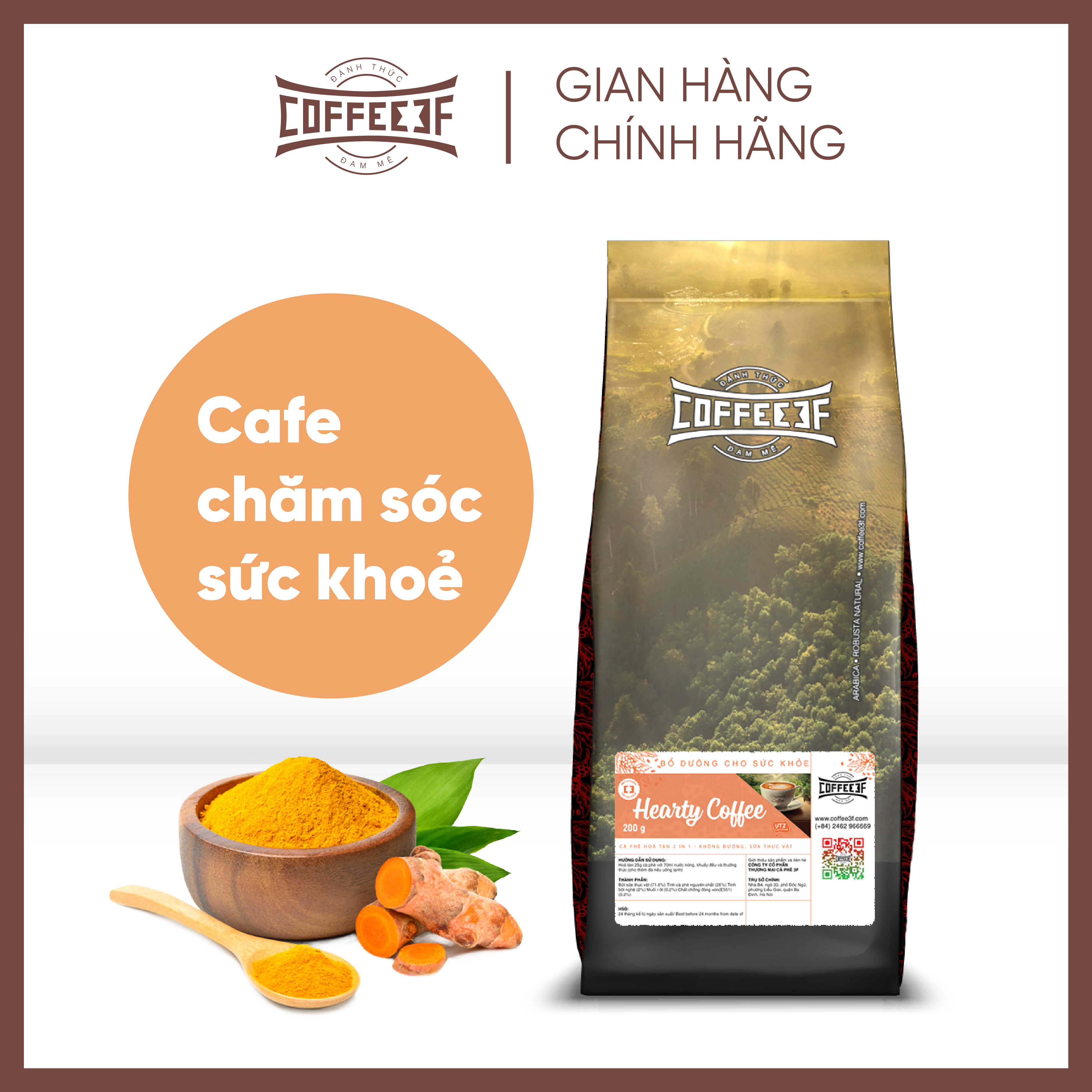 Cà phê hoà tan tinh bột nghệ Hearty Coffee - Coffee 3F (túi 500g/200g)