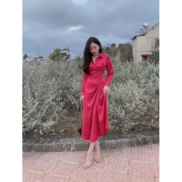 Đầm maxi sơmi phi nhíu eo dài tay 2 màu